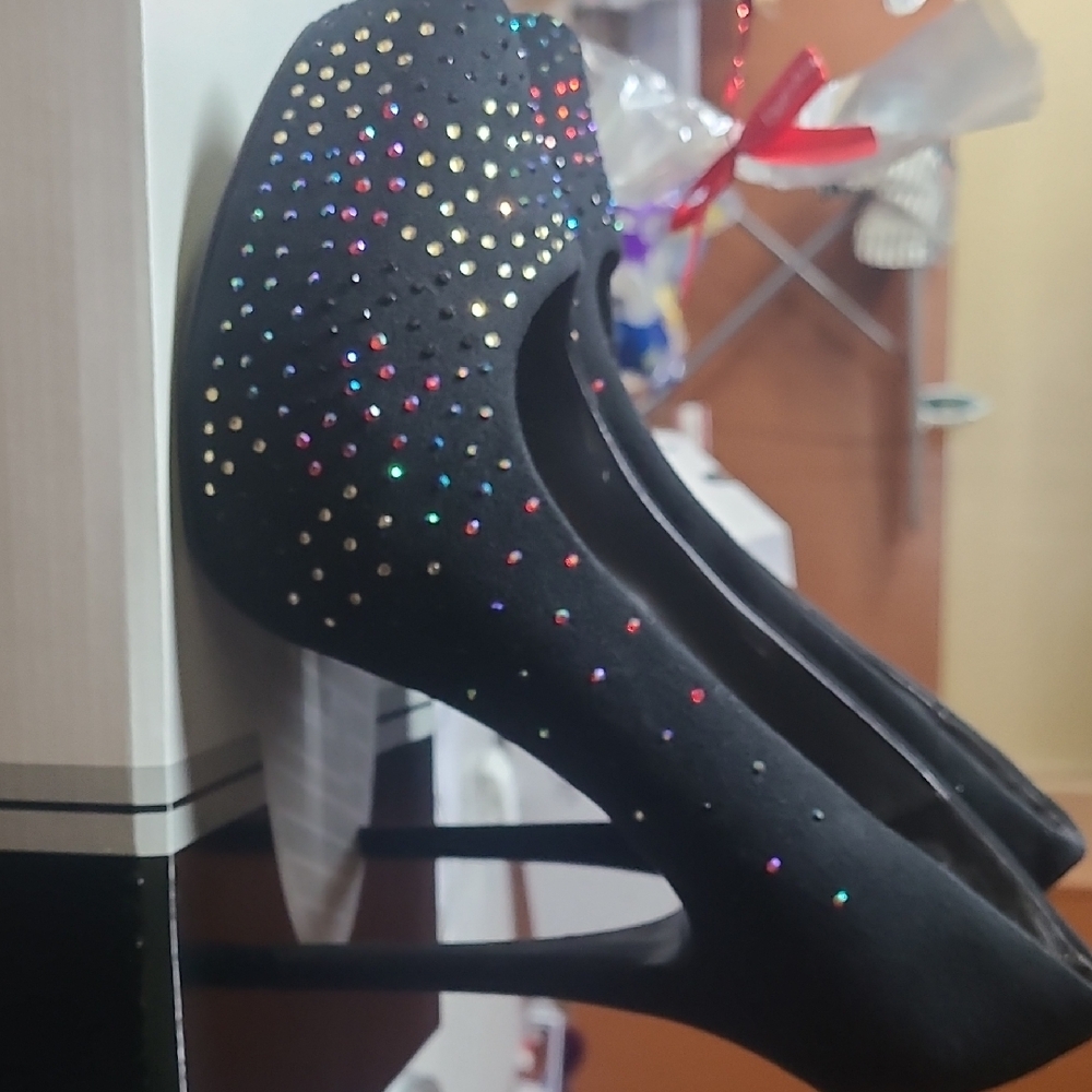 Brash Black Heels with Colorful Rhinestones